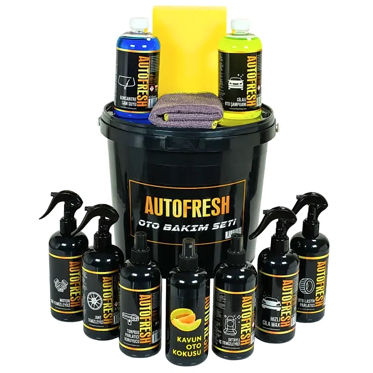 Autofresh 12'li efsane oto yıkama ve bakım seti, kovalı, araç yıkama ve temizlik için tam donanımlı oto bakım paketi.