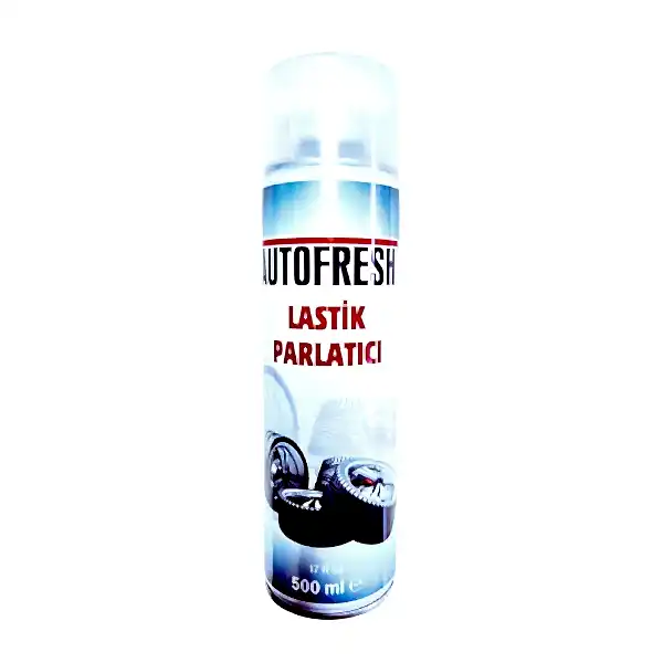 Autofresh lastik parlatıcı sprey, 500 ml, araç lastiklerine parlaklık ve koruma sağlayan oto bakım ürünü.