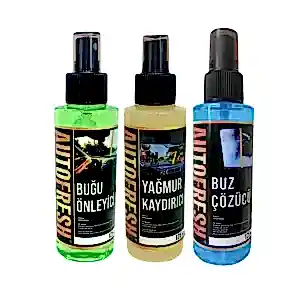 Autofresh oto bakım sprey seti, buğu önleyici, buz çözücü ve yağmur kaydırıcı spreylerden oluşan 3x125 ml set.