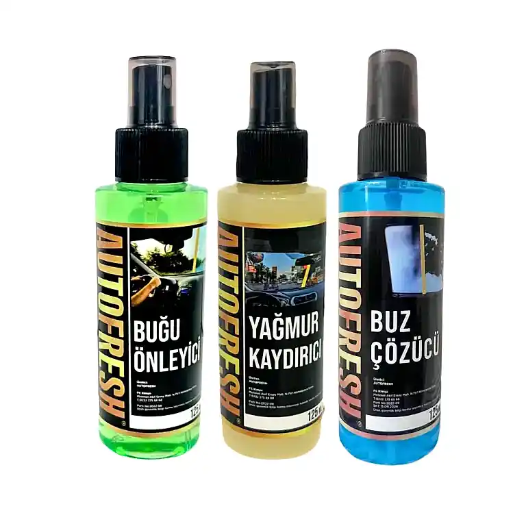 Autofresh oto bakım sprey seti, buğu önleyici, buz çözücü ve yağmur kaydırıcı spreylerden oluşan 3x125 ml set.
