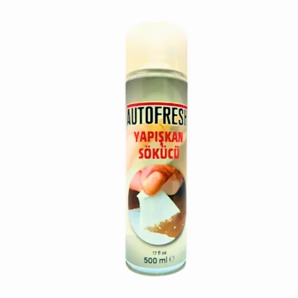Autofresh yapışkan sökücü sprey, 500 ml, etiket, folyo ve yapışkan kalıntılarını temizleyen oto bakım ürünü.