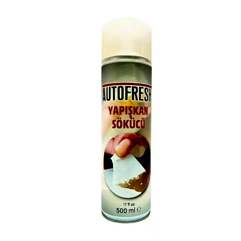 Autofresh yapışkan sökücü sprey, 500 ml, etiket, folyo ve yapışkan kalıntılarını temizleyen oto bakım ürünü.